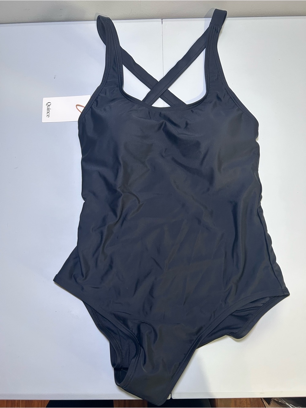 NWT Quince Black One Piece Swimsuit Medium Cross Back Shelf Bra Swimwear